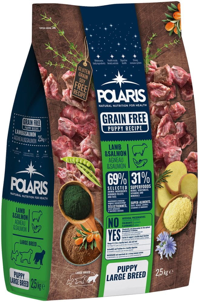 POLARIS bezobilné granule s čerstvým mäsom Junior Large Breed s jahňacím a lososom 2,5 kg
